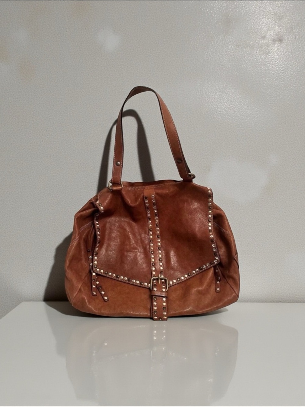 Cavalcanti Soft Italian Leather Studded Detail Bohemian Hobo Saddle Bag Brown